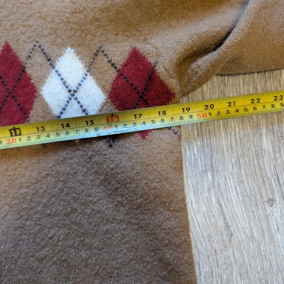 RARE Vintage 100% Wool  Camel Tan w/ Cream Trim Argyle Zip Cardigan | Size S/M - Picture 10 of 12